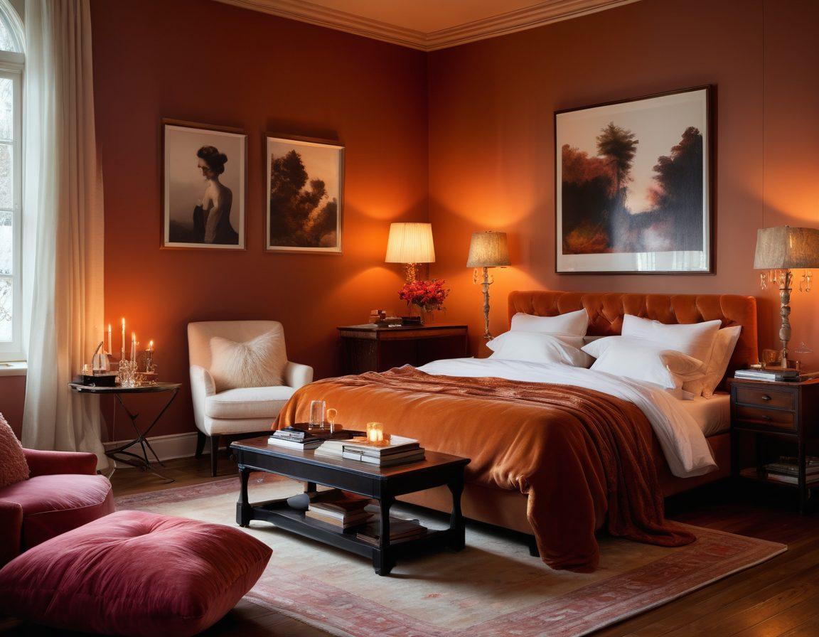 A visually striking scene that showcases a cozy, inviting space with soft lighting, plush textiles, and subtle erotic artwork on the walls. Include elements that evoke intimacy, such as two intertwined silhouettes in the foreground, surrounded by hints of playful and explicit content—like provocative books, elegant candles, and feathered accessories. The overall mood should feel warm, sensual, and enticing. super-realistic. soft focus. vibrant colors.