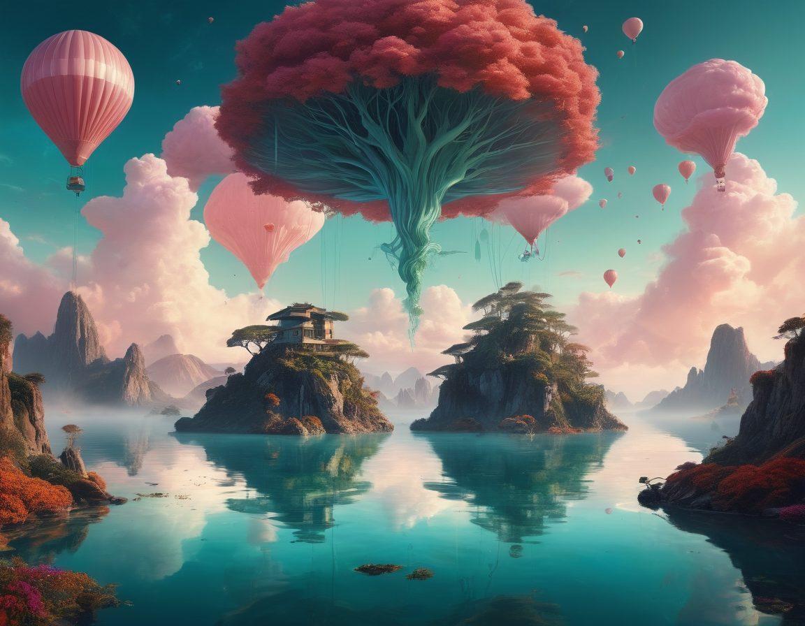 A captivating scene blending sensual and fantastical elements, featuring an ethereal figure draped in flowing silk surrounded by surreal landscapes like floating islands and dreamy skies. Incorporate symbols of adult media, such as film reels and vintage posters, subtly integrated into the environment. The color palette should be rich and vibrant, evoking a sense of intrigue and allure. Art style should be a combination of magical realism and vivid surrealism.